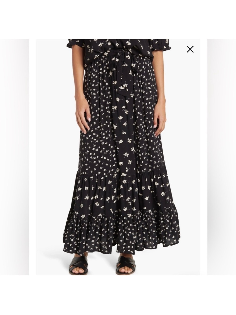 MELLODAY Black Maxi Skirt with Cream Floral Print